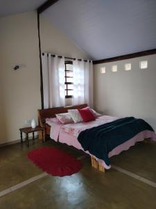 布埃诺布兰当Pousada e Camping Pé na Trilha的一间卧室配有一张带红色枕头的大床