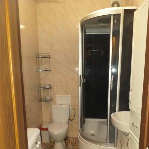 伊尔平Затишна, домашня 43м в тихому зеленому місці Поруч Центральний парк Університет的浴室配有卫生间、淋浴和盥洗盆。