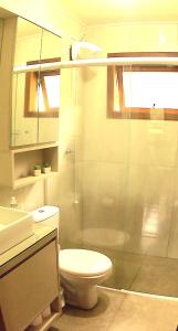 南卡希亚斯Cabana das Montanhas的一间带卫生间和玻璃淋浴间的浴室