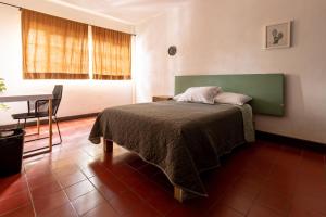 瓜达拉哈拉Casa Sabina的一间卧室配有一张带绿色床头板的床和一张桌子