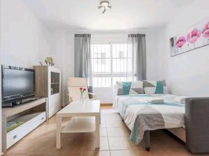 拉阿尔加瓦Apartamento con patio y piscina cerca de Sevilla的带沙发和电视的客厅