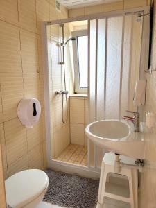 德兹维济诺Orka Wakacje的带淋浴、盥洗盆和卫生间的浴室