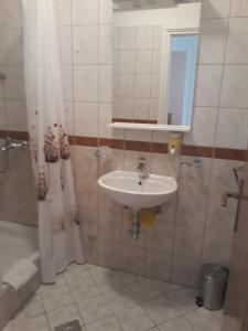 库希斯特Apartments with a parking space Viganj, Peljesac - 13241的一间带水槽和淋浴的浴室