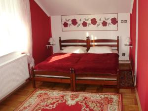 Kneževi VinogradiTwin Room Knezevi Vinogradi 15024d的一间卧室配有一张红色墙壁和红色地毯的床