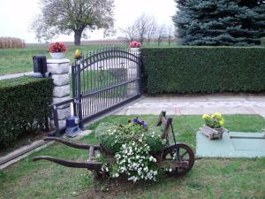 Kneževi VinogradiFamily Room Knezevi Vinogradi 15024a的花园里有一辆自行车,在草地上种满鲜花