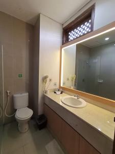 梭罗Al Azhar Azhima Hotel Resort and Convention的一间带卫生间、水槽和镜子的浴室