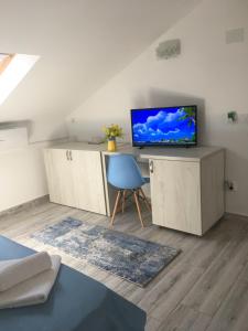艾福雷诺德Vila Allure的客厅配有电视和蓝椅