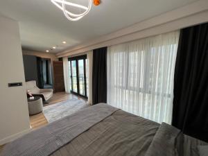 伊斯坦布尔Family luxury Apartment 2 BEDROOM +SALOON的一间卧室设有一张床和一个大窗户