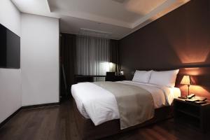 首尔江南城市广场酒店的一间卧室配有一张大床和一台平面电视