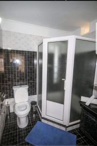 拉戈莱特Villa Soorkea的一间带卫生间和玻璃淋浴间的浴室