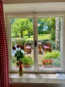 Horní PoliceSilver Linden Cottage的窗户享有鲜花花园的景致