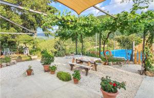 奥尔戈索洛Amazing Home In Orgosolo With House A Mountain View的花园里种有盆栽植物的野餐桌