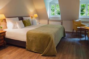 奥登塔尔Romantikhotel Altenberger Hof的酒店客房设有一张大床和两个窗户。