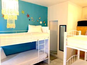 罗德镇Rhodes Backpackers Boutique Hostel and Apartments的一间卧室设有两张双层床和蓝色的墙壁