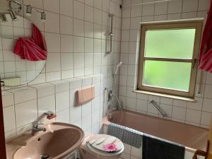 奥斯特拉赫Einladendes Appartement im Grünen für 2 Personen的浴室配有盥洗盆、卫生间和浴缸。