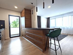 克卢日-纳波卡Ira Premium Apartment Cluj的厨房配有柜台和绿椅