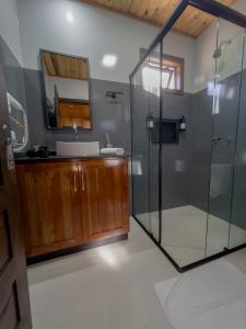 IbiramaPousada Scursel的一间带玻璃淋浴和水槽的浴室