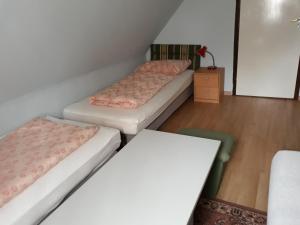 FertőhomokF 106 Vendégház的一间设有两张床和一张桌子的房间