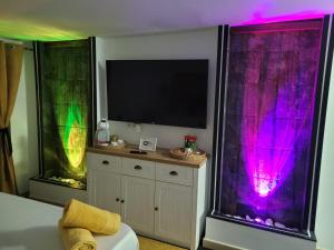 LajitaChabela's water wall的一间卧室设有2扇窗户,配有紫色和绿灯