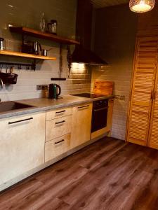 LakajaViesuliškės Lakeside Glamping的厨房配有木制橱柜和炉灶烤箱。