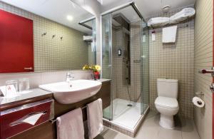巴塞罗那巴塞罗那圣家堂莱昂纳多精品酒店的一间带水槽、淋浴和卫生间的浴室