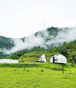 潘奇加尼The Tribe Agrotourism, Wai mahabaleshwar的山前田野上的两个白色圆顶