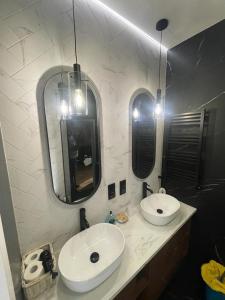 卡托维兹Katowice Gallery Center的浴室设有2个水槽和2面镜子