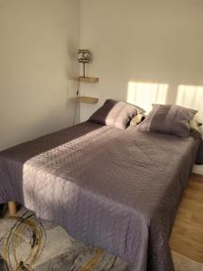 阿维尼翁Avignon : Appartement le in et off的一间卧室配有一张大床,提供紫色床单和枕头