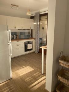阿维尼翁Avignon : Appartement le in et off的厨房配有白色橱柜和冰箱。