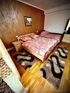 Statjunea BorsaCasa Viorica的一间卧室配有一张床和两块地毯
