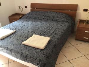 蒙苏姆马诺Casa Tre Fontane的卧室配有带灰色棉被的床