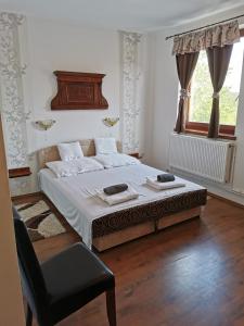 EdelényMerlot Borhotel és Látványpince的卧室配有床、椅子和窗户。