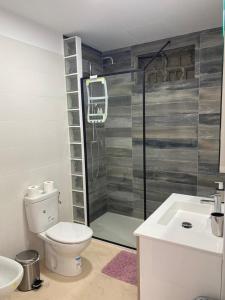 普拉亚布兰卡Casa salzano的带淋浴、卫生间和盥洗盆的浴室