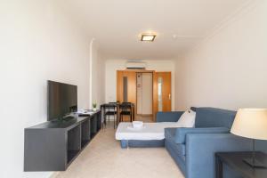 阿尔布费拉Smy Santa Eulalia Algarve的客厅配有蓝色的沙发和电视