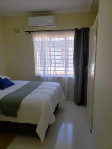 利文斯顿Kasuda three bedrooms house in Livingstone的一间卧室设有一张大床和一个窗户。