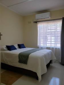 利文斯顿Kasuda three bedrooms house in Livingstone的一间卧室设有一张大床和一个窗户。
