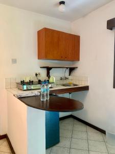 达累斯萨拉姆Baobab Village Studio的厨房配有2瓶水,厨房配有吧台