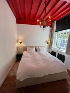 莱顿Het Waterhof的一间卧室设有一张红色天花板的床