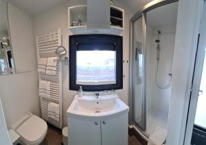 不来梅港Hausboot Lobster Bremerhaven的一间带水槽和淋浴的浴室以及一台电视。