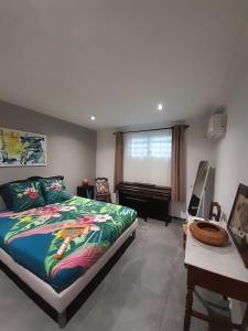 莱特鲁瓦西莱BLUE DREAM SPA的一间卧室配有一张床和一架钢琴