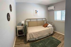 阿尔伯克基Comfy, contemporary quiet retreat vacation home with views的一间卧室设有床、窗户和地毯。