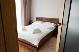 托伦Toruńskie Zacisze 5的一间卧室配有一张床,上面有两条毛巾