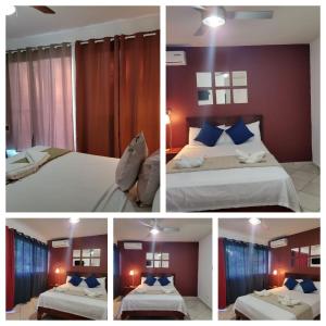 苏莎亚Hotel Sea Breeze Sosua的四幅图片,一间卧室配有两张床,另一间房间拥有红色的墙壁