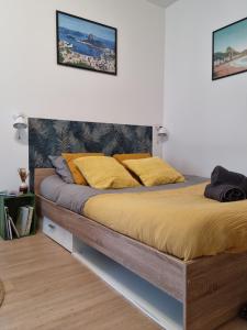 沙泰勒罗Izicozy Studios - Immeuble Guillemot的一间卧室配有一张带黄色枕头的大床