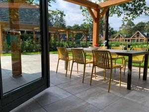 洛赫姆Modern holiday home in Lochem with private garden的庭院里设有桌椅。