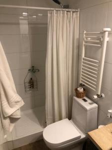 Lo BarnecheaDepartamento residencial Valle Nevado的浴室设有卫生间和带浴帘的淋浴。