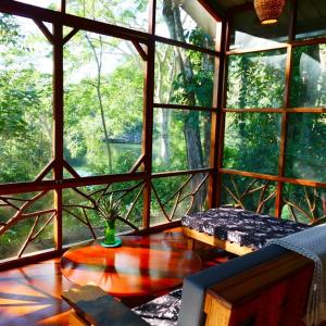 圣伊格纳西奥Alma Del Rio Eco-Comfort on the water的树屋中带大窗户的房间