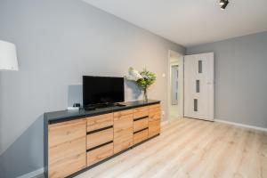 波兹南Family Apartment Poznań Rataje by Renters的客厅配有带平面电视和木制梳妆台