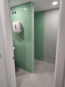 AmésA Casa Do Boi的浴室设有绿色瓷砖淋浴和纸巾饮水机