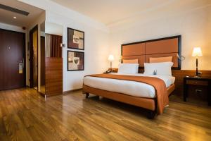 卡萨诺韦米兰马尔彭萨机场皇冠假日酒店的酒店客房铺有木地板,配有一张大床。